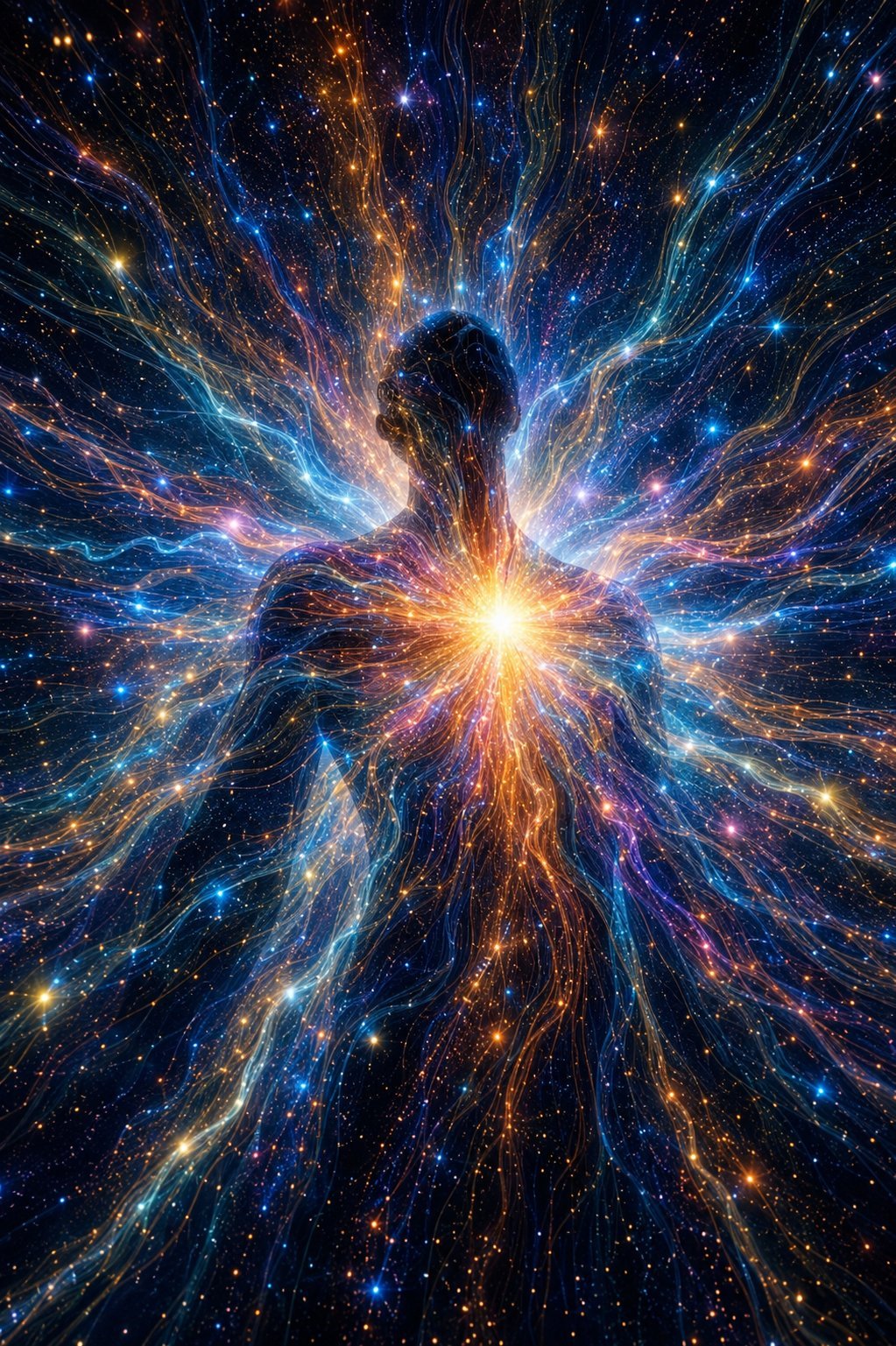 Cosmic burst of blue, orange, and golden light radiating from a central silhouette in a starry space background